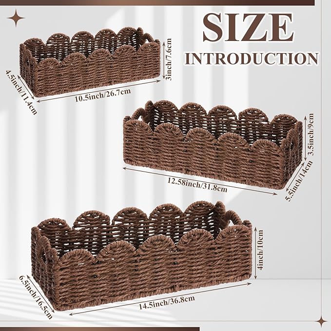 Boao 3 Pcs Boho Storage Wicker Baskets Handmade Woven Decorative Paper Rope Baskets for Organizing with Handle Countertop Toilet Paper Storage Container for Toilet Tank Top(Light Brown,Fan-shaped)