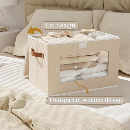 Storage Basket with Lid, Decorative Linen Storage Box, 10.2 x 7.8 x 6.7 Inch Closet Organizer for Shelves with Handles, Beige, 1-Pack