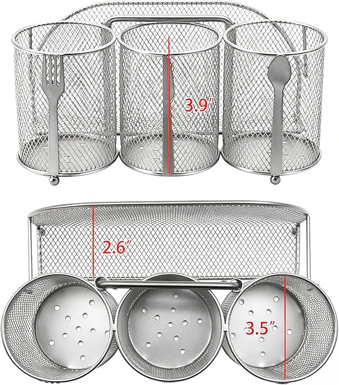 Silverware Organizer Utensil Caddy - 4 Compartment Metal Cutlery Holder Flatware Storage Basket Fork Spoon Napkin Paper Plate Kitchen Countertop Party Picnic Camping Buffet Outdoor (Silver)