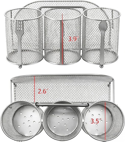 Silverware Organizer Utensil Caddy - 4 Compartment Metal Cutlery Holder Flatware Storage Basket Fork Spoon Napkin Paper Plate Kitchen Countertop Party Picnic Camping Buffet Outdoor (Silver)