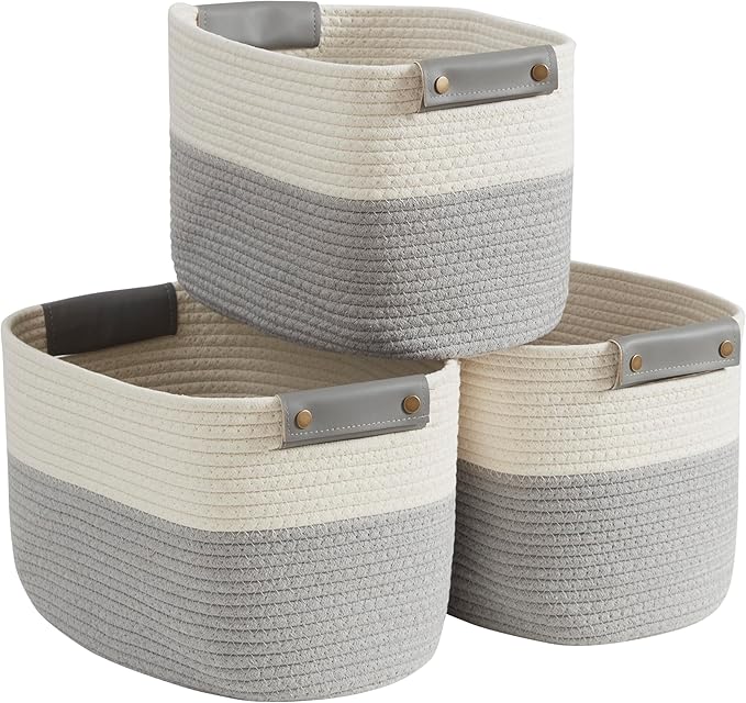 3 Pack Cotton Rope Storage Basket Woven Shelf Storage Bin with Faux Leather Handles, Decorative Closet Shelf Woven Basket for Storage Organizers, 15 x 10 x 9, White/Gray
