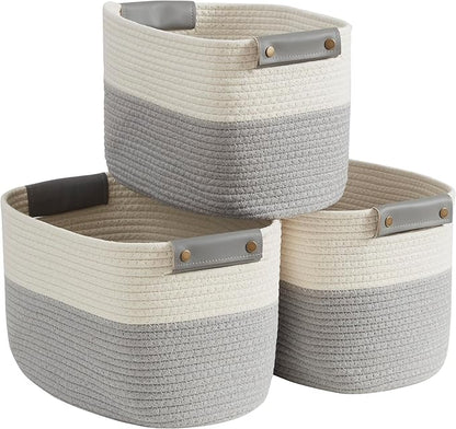 3 Pack Cotton Rope Storage Basket Woven Shelf Storage Bin with Faux Leather Handles, Decorative Closet Shelf Woven Basket for Storage Organizers, 15 x 10 x 9, White/Gray