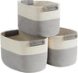 3 Pack Cotton Rope Storage Basket Woven Shelf Storage Bin with Faux Leather Handles, Decorative Closet Shelf Woven Basket for Storage Organizers, 15 x 10 x 9, White/Gray