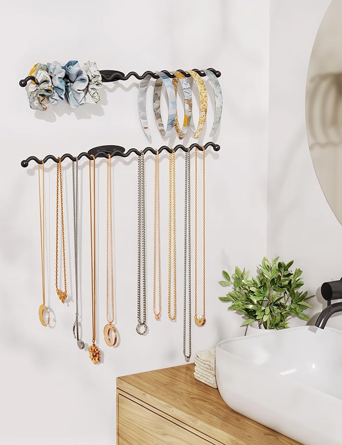 NiHome Wall Mounted Metal Jewelry Organizer Racks for Necklaces, Earrings, Bracelets, Rings, Decorative Display Wave Design Storage Holders for Bedroom, Bathroom, Kitchen, Entryway (4-Pack, Black)