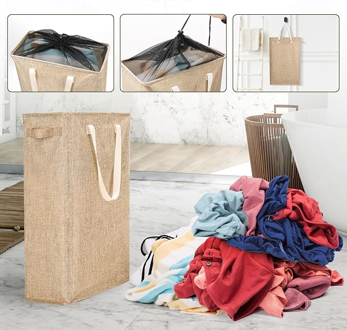 Odonata Slim Laundry Hamper Handles Collapsible Laundry Basket Thin Dirty Clothes Basket Narrow Laundry Bag Foldable Dirty Hamper 45L (Light Khaki)