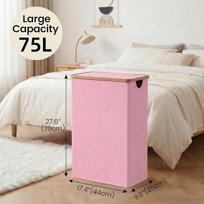 efluky Slim Laundry Basket with Lid, Narrow Laundry Hamper with Removable Bag, Skinny Dirty Clothes Basket with Bamboo Handles for Bathroom, Bedroom & Laundry Room, 75L Pink