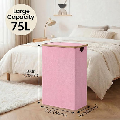 efluky Slim Laundry Basket with Lid, Narrow Laundry Hamper with Removable Bag, Skinny Dirty Clothes Basket with Bamboo Handles for Bathroom, Bedroom & Laundry Room, 75L Pink