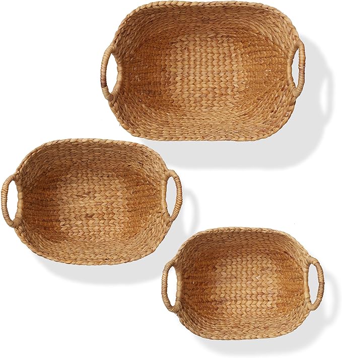 Casafield Set of 3 Multipurpose Boat Baskets with Handles - Natural, Woven Water Hyacinth Storage Organizers for Throw Blankets, Bedroom, Laundry