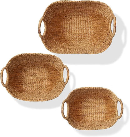 Casafield Set of 3 Multipurpose Boat Baskets with Handles - Natural, Woven Water Hyacinth Storage Organizers for Throw Blankets, Bedroom, Laundry