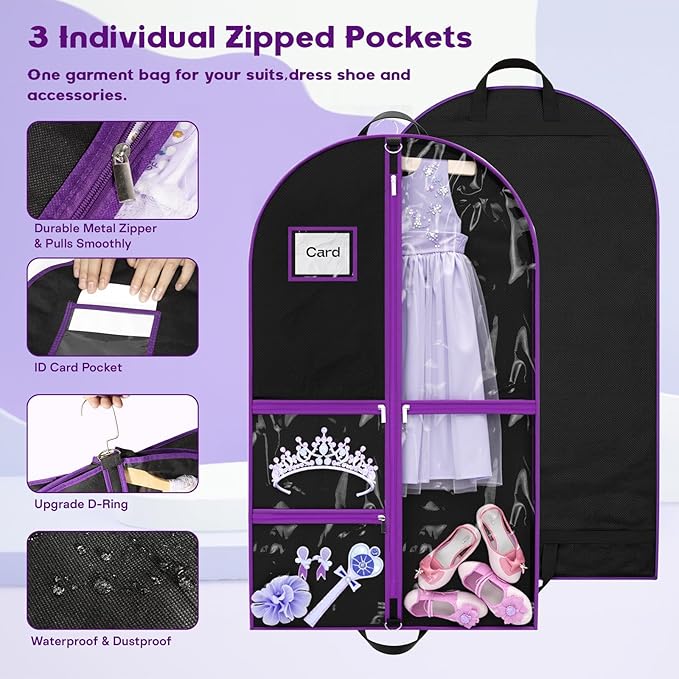 2Pack Dance Garment Bags for Dancers, 40" Garment Bags for Hanging Clothes with 3 Clear Zipper Pockets, Cheer Uniform Garment Bag for Suits, Travel & Sports Jersey, Cheer Uniform (Purple, 2Pack 40")