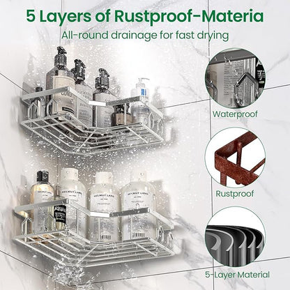 Adhesive Shower Caddy, 6 Pack Corner Bath Organizer, Rustproof Stainless Steel Shower Shelves with Large Capacity, No Drilling Shelves for Bathroom Storage, Home, Kitchen Decor (Silver).