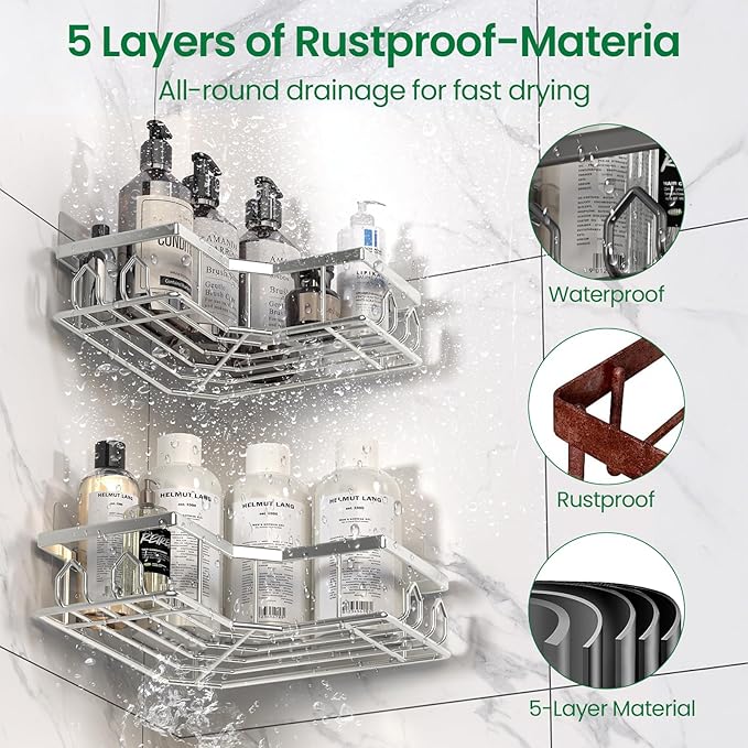 Adhesive Shower Caddy, 4 Pack Corner Bath Organizer, Rustproof Stainless Steel Shower Shelves with Large Capacity, No Drilling Shelves for Bathroom Storage, Home, Kitchen Decor (Silver).