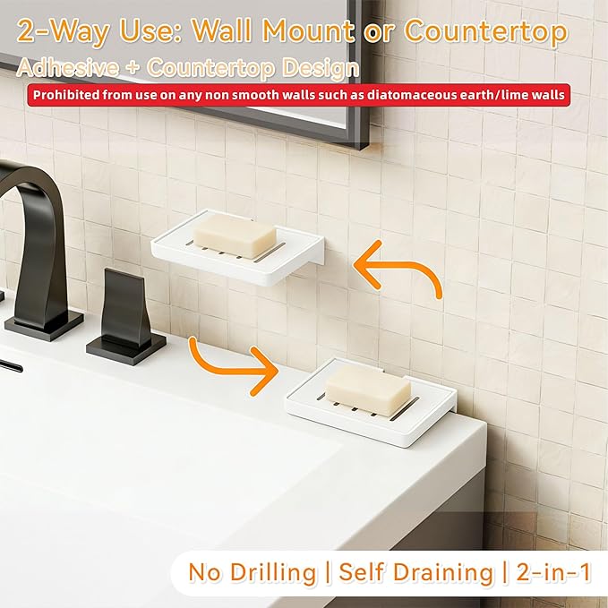 SUOXING 2 Pack Bar Soap Holder for Shower Wall,Self Draining Adhesive Soap Holder,Rustproof Wall Mounted Acrylic Shower Soap Rack & Caddy for Bathroom,Bath,Kitchen,No Drilling PlasticSoap Shelf,White