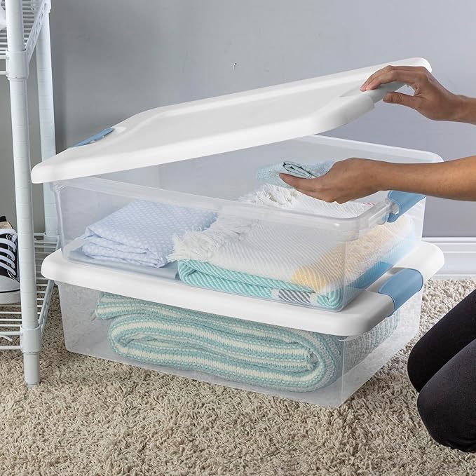 Sterilite 24-Pack Latching Box, Clear Plastic Under Bed Storage Bins with Lids, 32 Quart - Large Stackable Tote Organizer Containers for Closet, Bedroom, Bathroom, and Office Organization
