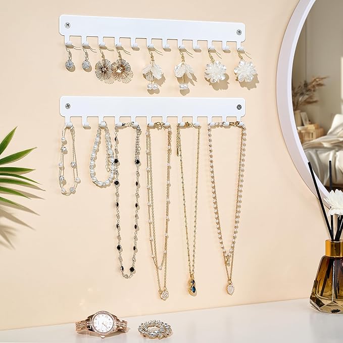 bussdis Drill-In Necklace Organizer: Sturdy Necklace Holder Wall Mounted with Hooks for Tangle-Free Jewelry Storage – Space-Saving Wall Necklace Hanger, White, 2 PCS