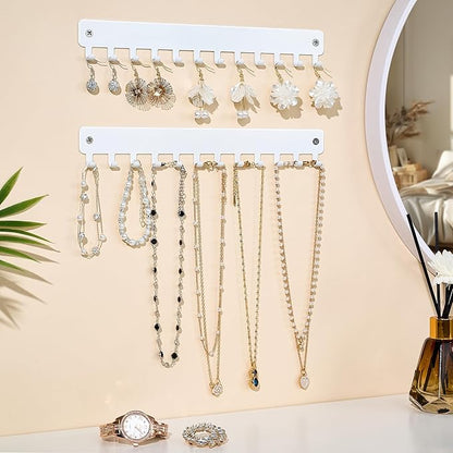 bussdis Drill-In Necklace Organizer: Sturdy Necklace Holder Wall Mounted with Hooks for Tangle-Free Jewelry Storage – Space-Saving Wall Necklace Hanger, White, 2 PCS