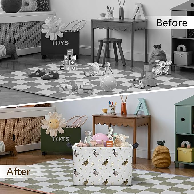 Mallard Duck Storage Basket, Collapsible Waterproof Canvas Organizer Bin, Funny Rectangular Kids Toys Storage Box Cute Mallard Duck Decor, Shelf Baskets for Closet Bedroom Office Dorm (Brown)