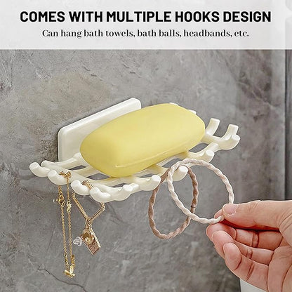 Shower Soap Holder for Wall, Adhesive Bar Soap Dish with Self Draining Grid, Side Hooks and No Drilling Mount, White, 2 Pack