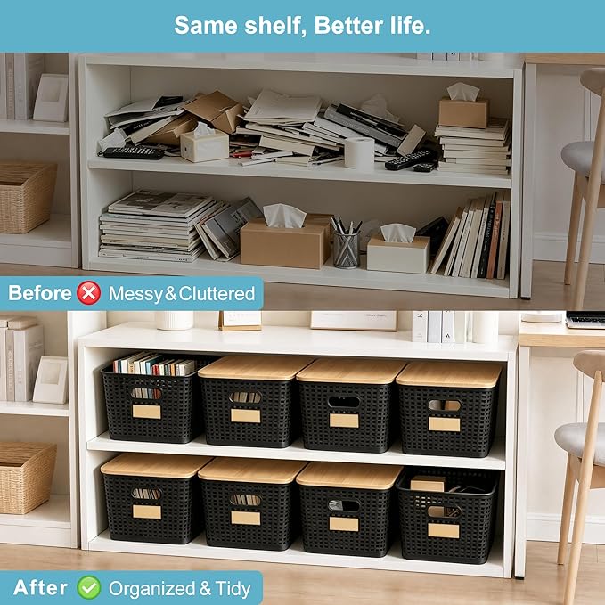 Bagnizer 2 Pack Tall Plastic Storage Bins with Bamboo Lids, 10.8qt Stackable Storages Baskets for Organizing Desktop Closet Playroom Classroom Office, 12"L x 8.3"W x 6.1"H, Black