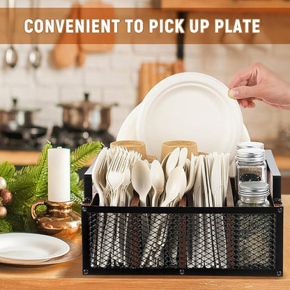 Mimorou Wooden Napkin Paper Plate and Utensil Holder Caddy for Party Kitchen Counter Cutlery Flatware Organizer for Utensil Caddy Cups Spoon Forks Napkins, Kitchen Accessories(Dark Wood Color)