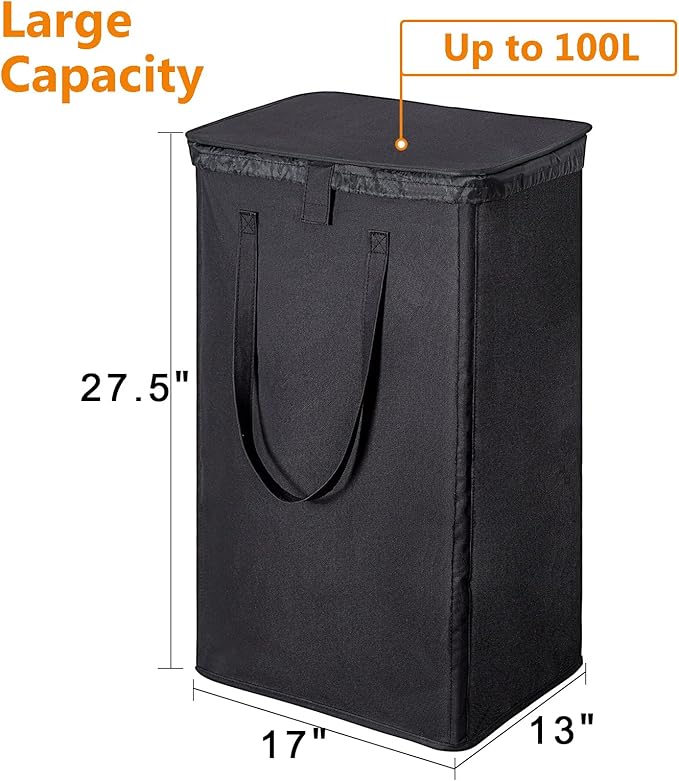 WOWLIVE 100L Laundry Hamper with Lid, Large Foldbale Laundry Basket with 2 Removable Bags and Handles, Tall Collapsible Dirty Clothes Hamper for Laundry Room, Bathroom, Dorm (Black)
