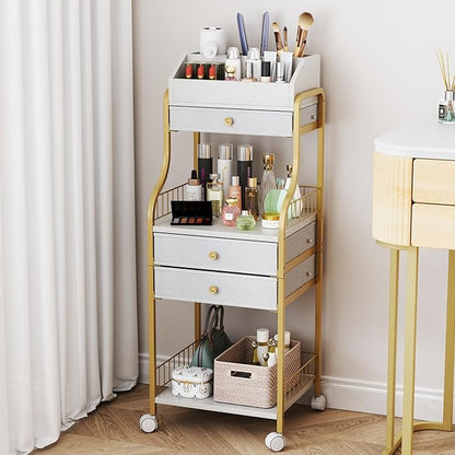 HapiRm Floor Makeup Organizer Storage - Vanity Skincare Make Up Organizers and Storage with Drawers, Cosmetics Display Cases Holder for Skin Care Nail Polish Perfume Makeup Brush, Gold