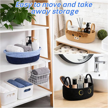 Toilet Paper Basket–Beautiful Blue Woven Bathroom Organizer Toilet Tank Storage Basket, Oval Shelves Rope Cotton Bin with Handles, Decorative Over Bathroom Decor Paper Holder, 13"D x 4.5"H IN