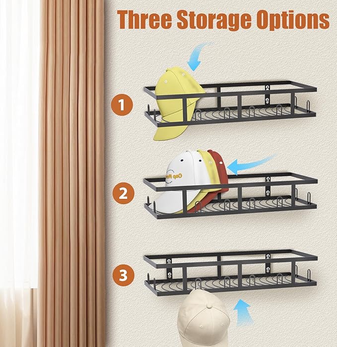 Metal Hat Rack for Wall, Holds 60+ Baseball Caps, 2-Pack Sturdy Wall Mounted Display Hat Organizer for Closet Hat Storage Holder, Black
