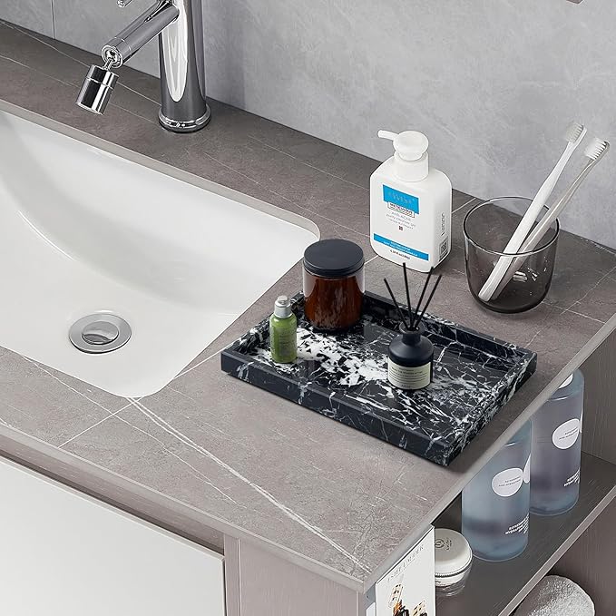 Real Natural Marble Tray for Bathroom, Vanity, Kitchen and Desktop, Rectangle Genuine Marble Stone Tray for Jewelry, Cosmetics, Candles, Lotion, Perfume and Home Decor (Black)