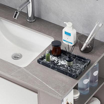 Real Natural Marble Tray for Bathroom, Vanity, Kitchen and Desktop, Rectangle Genuine Marble Stone Tray for Jewelry, Cosmetics, Candles, Lotion, Perfume and Home Decor (Black)