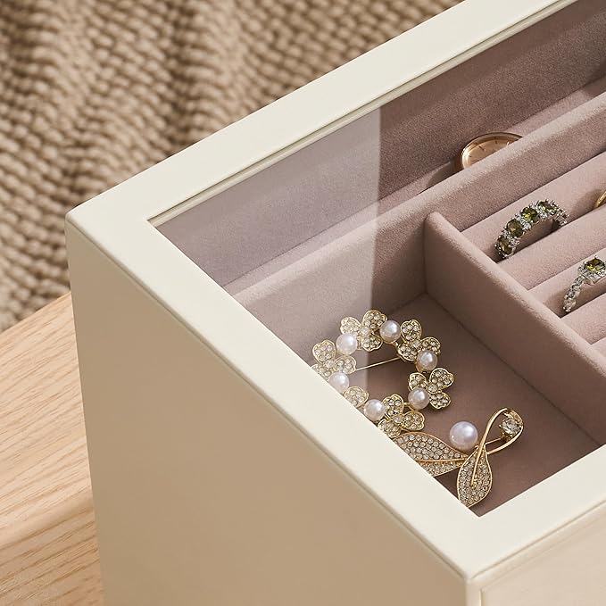 pickpiff Jewelry Box Organizer Case for Women: 5-Layer Jewelry Storage Case with Glass Window, Ivory Leather with Pink Velvet, Holder for Ring Necklace Bracelet Brooch Watch, Great Gift for Her