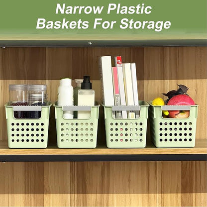 Soddeph Slim Plastic Storage Basket with Handles, Narrow Organizer box for Shelves, Organizer box for Organizing, Kitchen,Home,Office (Green, Small)