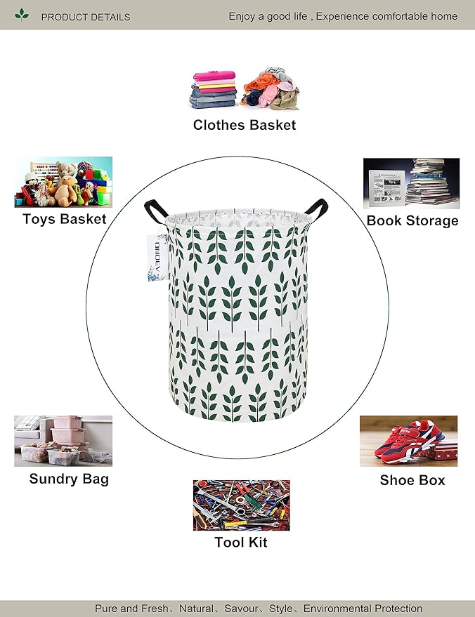 Round Waterproof Laundry Basket,Foldable Storage Basket,Laundry Hampers with Handle,Gift Basket,Suitable For Children's Room and Toy Storage (Leaf)