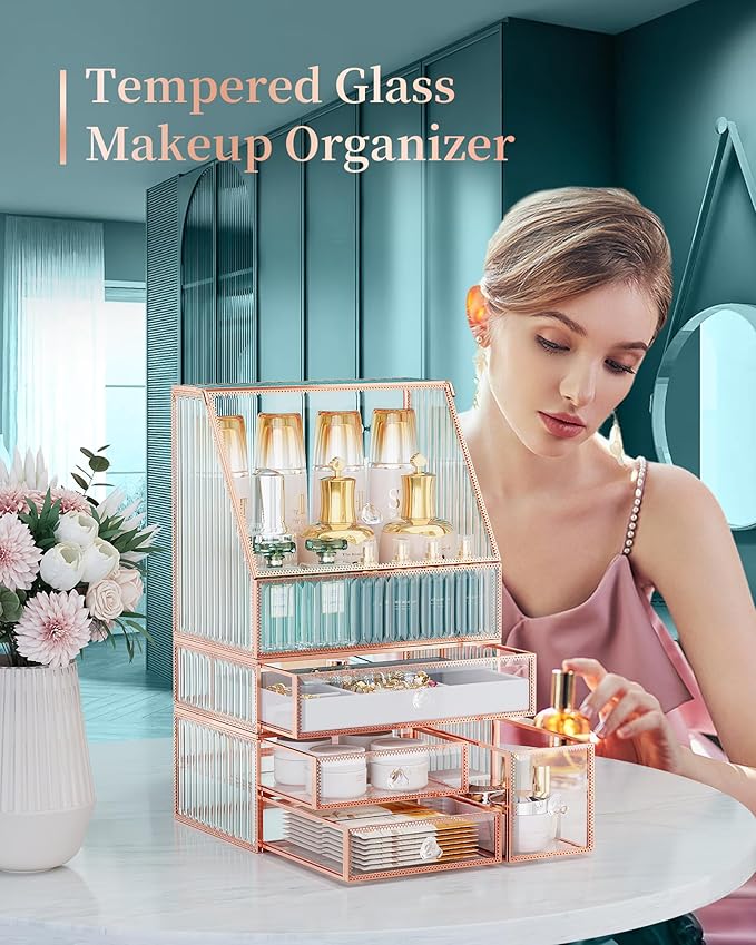 Youdepot Large Makeup Organizer, Glass Cosmetic Storage with Drawers, Stackable Makeup and Jewelry Organizer for Vanity Table, Bathroom Countertop, Skincare, Lipsticks, Perfume, Brushes