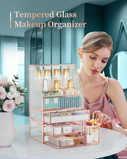 Youdepot Large Makeup Organizer, Glass Cosmetic Storage with Drawers, Stackable Makeup and Jewelry Organizer for Vanity Table, Bathroom Countertop, Skincare, Lipsticks, Perfume, Brushes