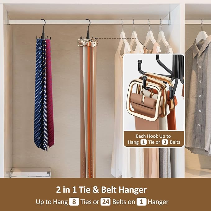 ZEDODIER Tie Hanger for Closet, 2 Pack Rotatable Tie Organizer for Men with 16 Hooks, Heavy Duty Space Saving Tie Rack for Ties and Belts, Black