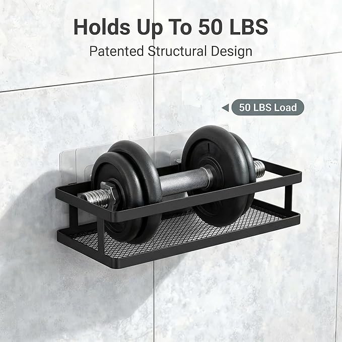 PUSDON 2-Pack Minimalist Shower Caddy Wall Mount, Open Frame Bathroom Shelf Organizer with Mesh Base, Rustproof Floating Spice Rack for Kitchen, Holds 50 LBS, 4 Hooks - Matte Black, Guardrail