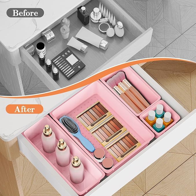 SpaceHacks 25 PCS Plastic Drawer Organizer Set, 4-Size Versatile Organizer Trays & Storage Bins for Makeup, Jewelry, and Gadgets in Bathroom, Bedroom and Office, Pink