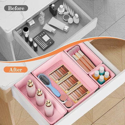 SpaceHacks 25 PCS Plastic Drawer Organizer Set, 4-Size Versatile Organizer Trays & Storage Bins for Makeup, Jewelry, and Gadgets in Bathroom, Bedroom and Office, Pink