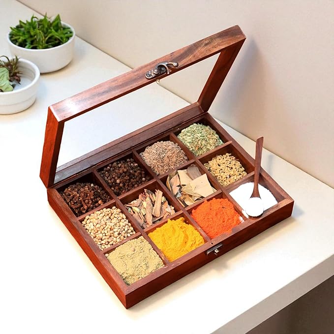 Wooden Spice Box, Masala Container, Condiments Storage Case for Kitchen, Multipurpose Decorative Box - Indian Rosewood Crafted