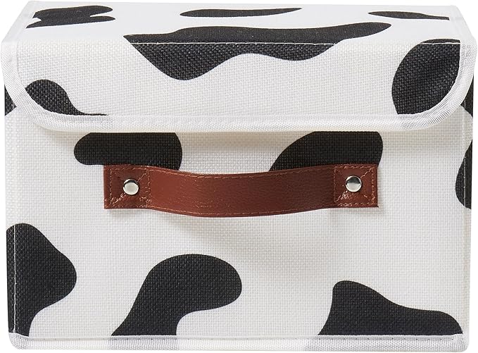 Storage Bin with Lid Cow Print Cute Fabric Storage Basket Box with Faux Leather Handles PP Plastic Board Foldable Washable Lidded Cotton Linen Closet Shelf Organizer Container (Small Size)