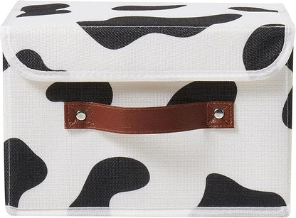 Storage Bin with Lid Cow Print Cute Fabric Storage Basket Box with Faux Leather Handles PP Plastic Board Foldable Washable Lidded Cotton Linen Closet Shelf Organizer Container (Small Size)