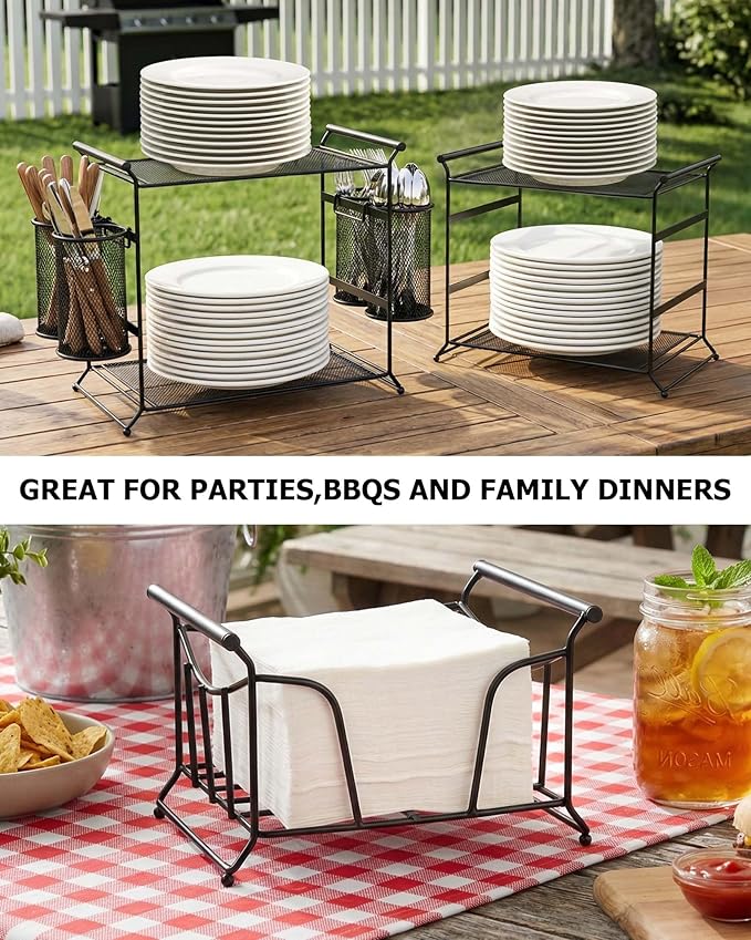 HULISEN 3-Tier Buffet Caddy, 7-Piece Set Stackable Paper Plate and Utensil Holder for Party, Detachable Mesh Silverware Organizer for Countertop, Metal Serving Station for Hosting Party Essentials