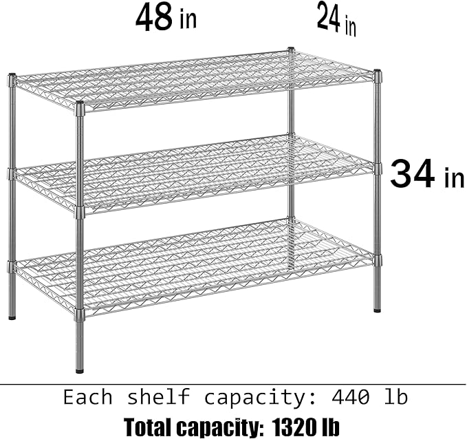 24" Deep x 48" Wide x 34" Height Wire Shelving Kit | 3-Tier | NSF Commercial Storage Rack Unit