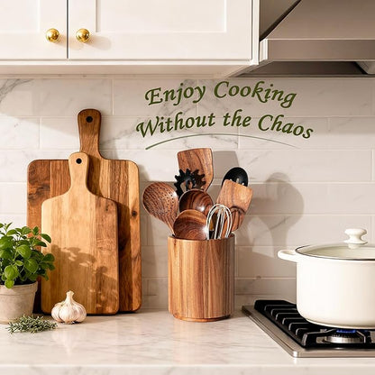 Criusia Utensil Holder 2 Pack, 360° Rotating Acacia Wood Cooking Utensil Crocks for Kitchen Counter, Farmhouse & Modern Decor, (2 Large)