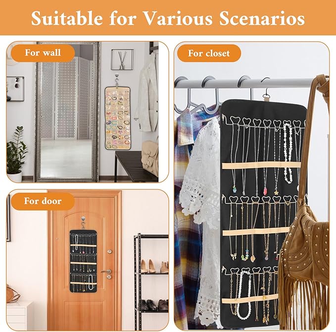 2 Pack Double Sided Hanging Jewelry Organizer for Closet with 48 Pockets & 30 Necklace Hooks, Premium Hanging Jewelry Storage for Earrings, Rings, Bracelets Display (Black)