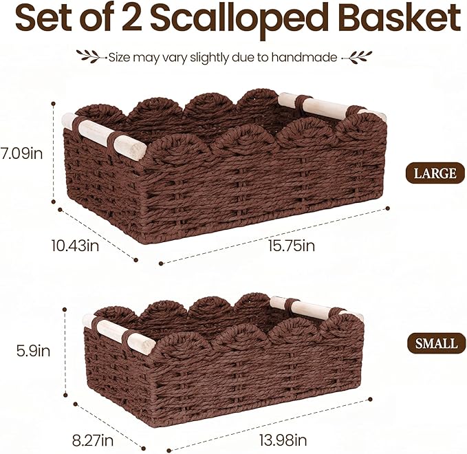 iEGrow Paper Rope Small Storage Baskets for Organizing, Set of 2 Scalloped Edge Wicker Basket with Wooden Handles Toilet Paper Basket for Over Toilet Storage Shelf, Home Decor, Living Room (Brown)