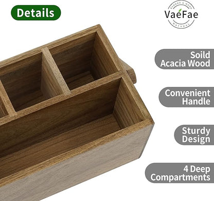 VaeFae Acacia Silverware Caddy with Handle, Wooden Utensil Holder, Mulip-pose Organizer for Kitchen, Office, Bathroom, Bedroom