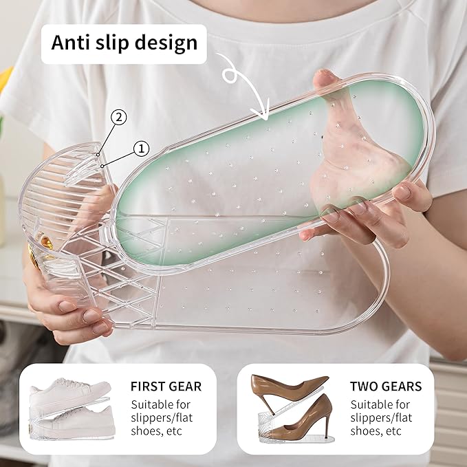 Shoe Slot Organizer 20 Pack，Adjustable Slot Organizer for Pairs of Shoes, Space Saver, Double Deck Riser Rack, Double-Layer Design for Shoe Slots Organizer for Closet.(Clear, 20 Pack)