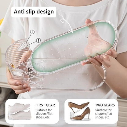 Shoe Slot Organizer 20 Pack，Adjustable Slot Organizer for Pairs of Shoes, Space Saver, Double Deck Riser Rack, Double-Layer Design for Shoe Slots Organizer for Closet.(Clear, 20 Pack)